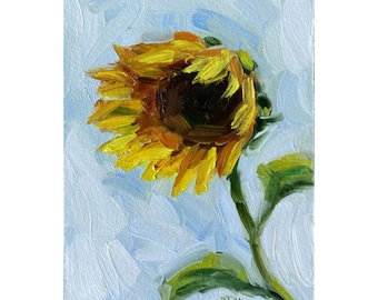 Peinture à l’huile originale de tournesol, petite œuvre d’art de peinture de fleur