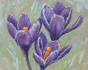 Frühlingsblumen Krokus Original Pastell Malerei, Blumen Gemälde