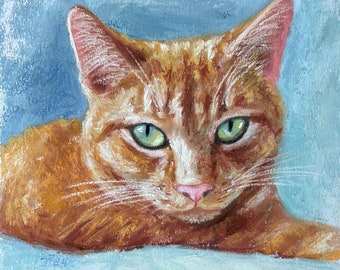 Rode kat origineel pastel schilderij, kat portret kleine kunstwerken