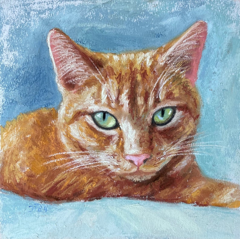 Rote Katze Original Pastell Malerei, Katzenportrait Kleines Kunstwerk Bild 1