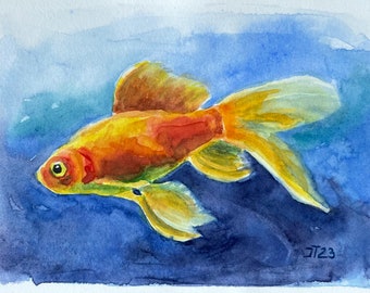 Goldfisch Original Wasserfarben Malerei, Aquarell Kleines Kunstwerk