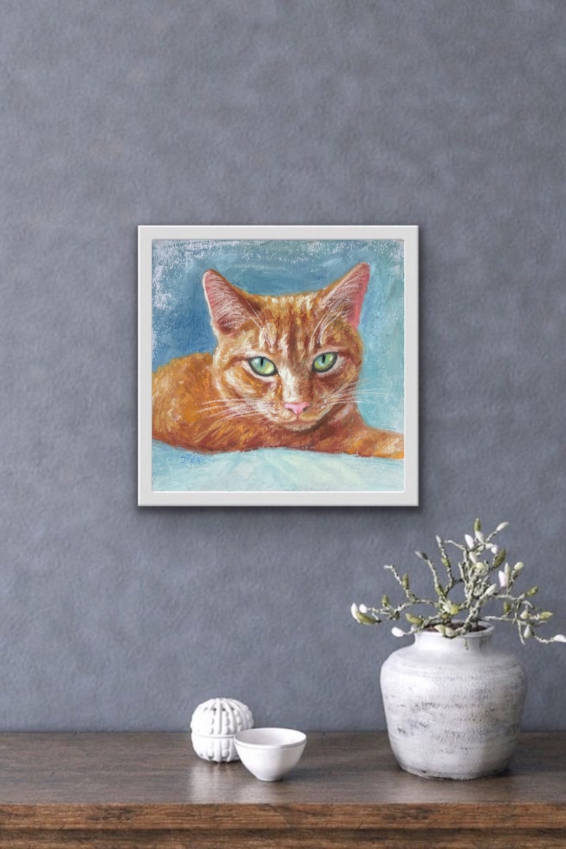 Rote Katze Original Pastell Malerei, Katzenportrait Kleines Kunstwerk Bild 6