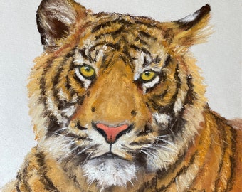 Tiger Original Pastell Malerei, Kleines Kunstwerk Gemälde