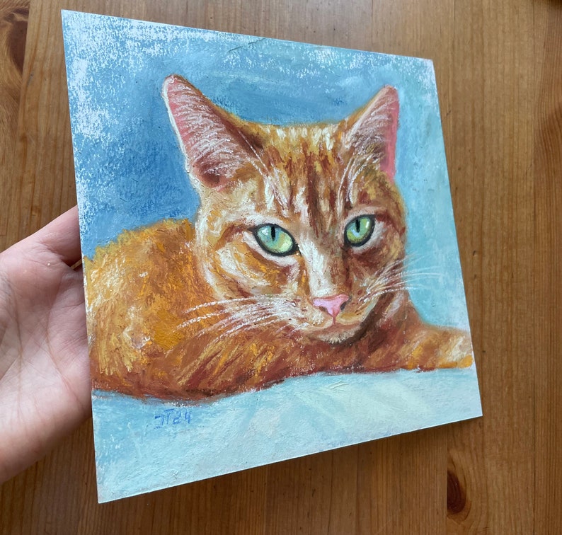 Rote Katze Original Pastell Malerei, Katzenportrait Kleines Kunstwerk Bild 2