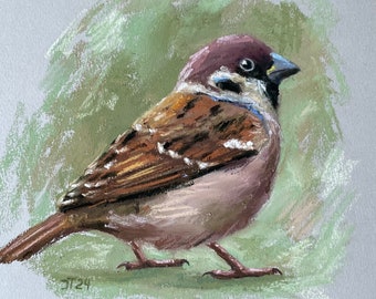 Vogel Spatz Original Pastell Malerei, Sperling Kleines Kunstwerk