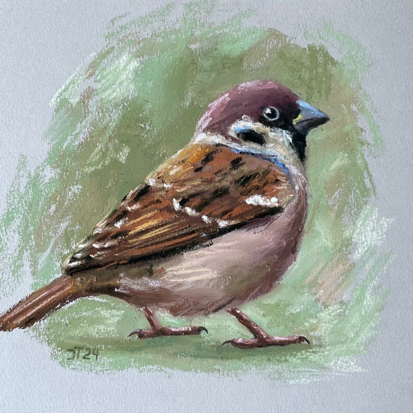 Vogel Spatz Original Pastell Malerei, Sperling Kleines Kunstwerk