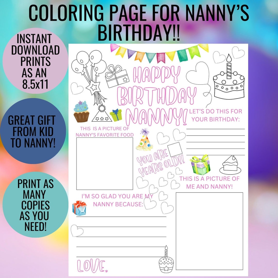 Happy Birthday Nanny Coloring Page From Grandchild Printable - Etsy Canada