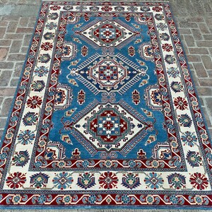 7x10 Kazak Rug - Blue Caucasian Afghan Hand knotted Natural dyes Wool Area Rug - Oriental Soft Boho Rug - Rugs for Living Room - Bedroom Rug