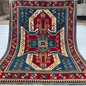 Afghan Kazak 5x7 Area Rug – Handmade Wool Tribal Medallion Carpet – Red Blue Rug – Oriental Geometric Rug – Oriental Style Decor Rug -