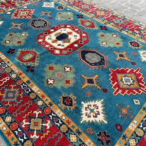 Blue 6x9 Afghan Kazak Area Rug - Afghan Hand knotted Veg dyes Wool Geometric Rug - Rugs for Living Room - Rug for Bedroom - Kids Room Carpet