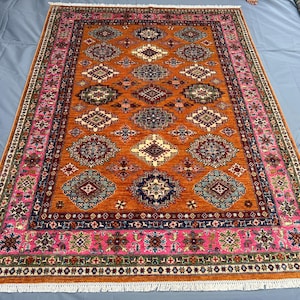 Handmade Afghan Rug 6x8 ft - Orange & Multicolor Geometric Area Rug - Tribal Oriental Wool Carpet - Living Room Bedroom Decor -Gift for Home