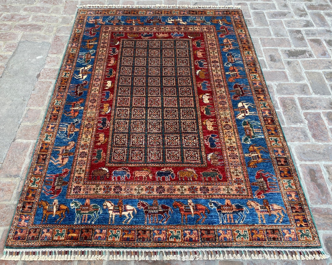 5x7 Ft Pazyrik Red Area Rug, 5.1 X 7 Ft, Afghan Hand Knotted 100 Wool Rug, Rug for Living Room