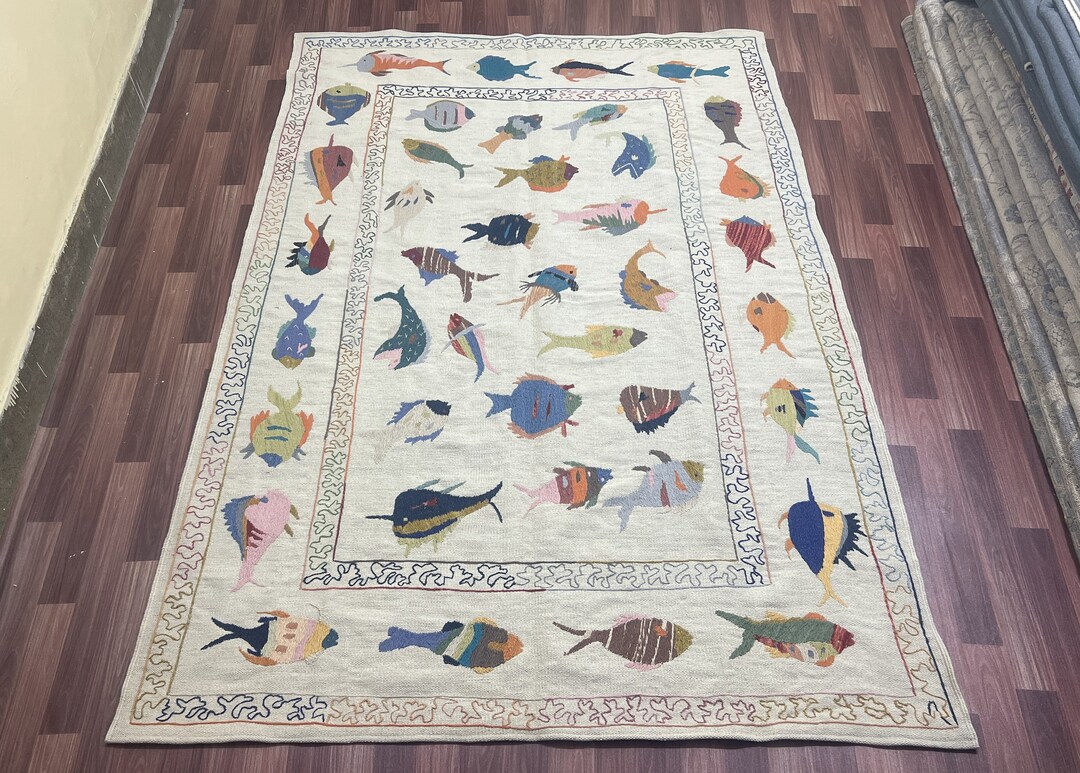 Kilim Fish Rug Colorful Fish Design 5x8 Ft Suzani Kilim Rug, Handwoven and Unique ...