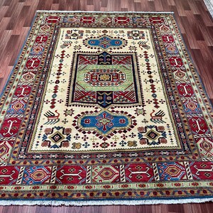 4.10x6.5 ft Kazak Area rug. Afghan Caucasian style Natural dyes Hand knotted Wool Rugs for Livingroom, Bedroom rug, Office Rug, Oriental Rug