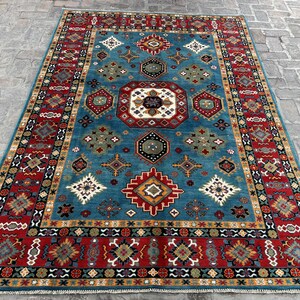 6 x9 ft Blue Afghan Geometric Kazak Rug- Handmade Natural Wool Blue Rug- Oriental Area Rug- Living Room Rug- Bedroom Rug- Office Rug