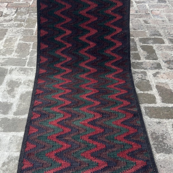 9 ft Afghan Vintage Kilim Runner Rug Turkmen Handmade Wool Flatweave Striped Rug, Antique Oriental Rug, Hallway Runner Rug, Kitchen Rug