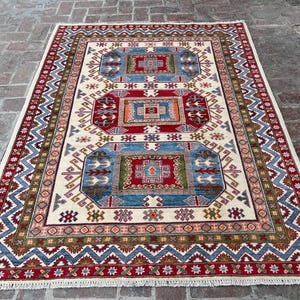 5.3 x 6.10 ft Handmade Afghan Natural Dyes Wool Rug, Geometric Kazak design Rug, Attractive Rug, Turkmen Rug, Living Room Rug Kids Room Rug