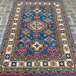 5x7 Blue Afghan Modern Kazak Fine Area Rug- Handmade Wool Rug- Oriental Rug- Living Room Rug- Bedroom Rug- Office Rug- Turkmen Tribal Rug