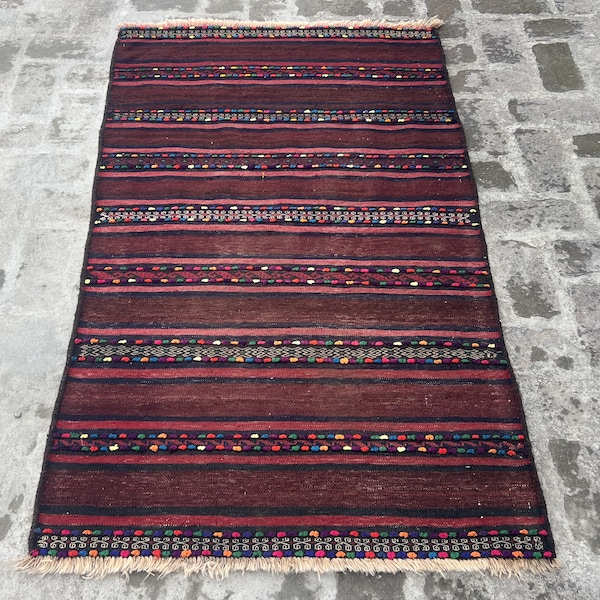 Vintage Kilim Rug 3x5 ft Afghan Handmade Wool Rug, Flatweave Tribal Qalaino Kilim Oriental Turkmen, Bedroom Rug,Office Rug, Entry way Carpet