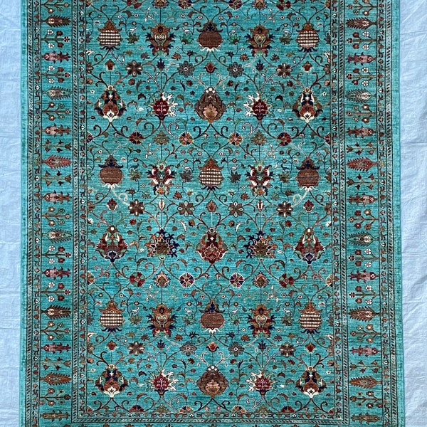 Turquoise 8 x11 ft. Sultani Area Rug - Afghan Handknotted Natural Wool Rug  Rug for Living Room 8.1 x 11.2 - Bedroom rug - Dining Room rug