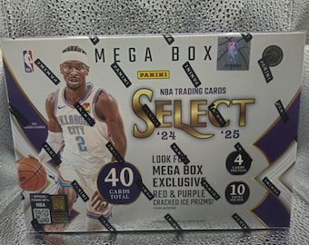 Megacaja exclusiva de baloncesto NBA Panini Select 2024-25 - Nueva sellada de fábrica - Prizms de hielo agrietado rojo y morado