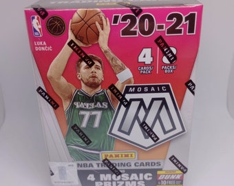 May include: A red, white, and black box for Panini Mosaic NBA trading cards. The box features a basketball player wearing a green jersey with the number 77 on it. The box says "20-21" and "4 Mosaic Prizms".