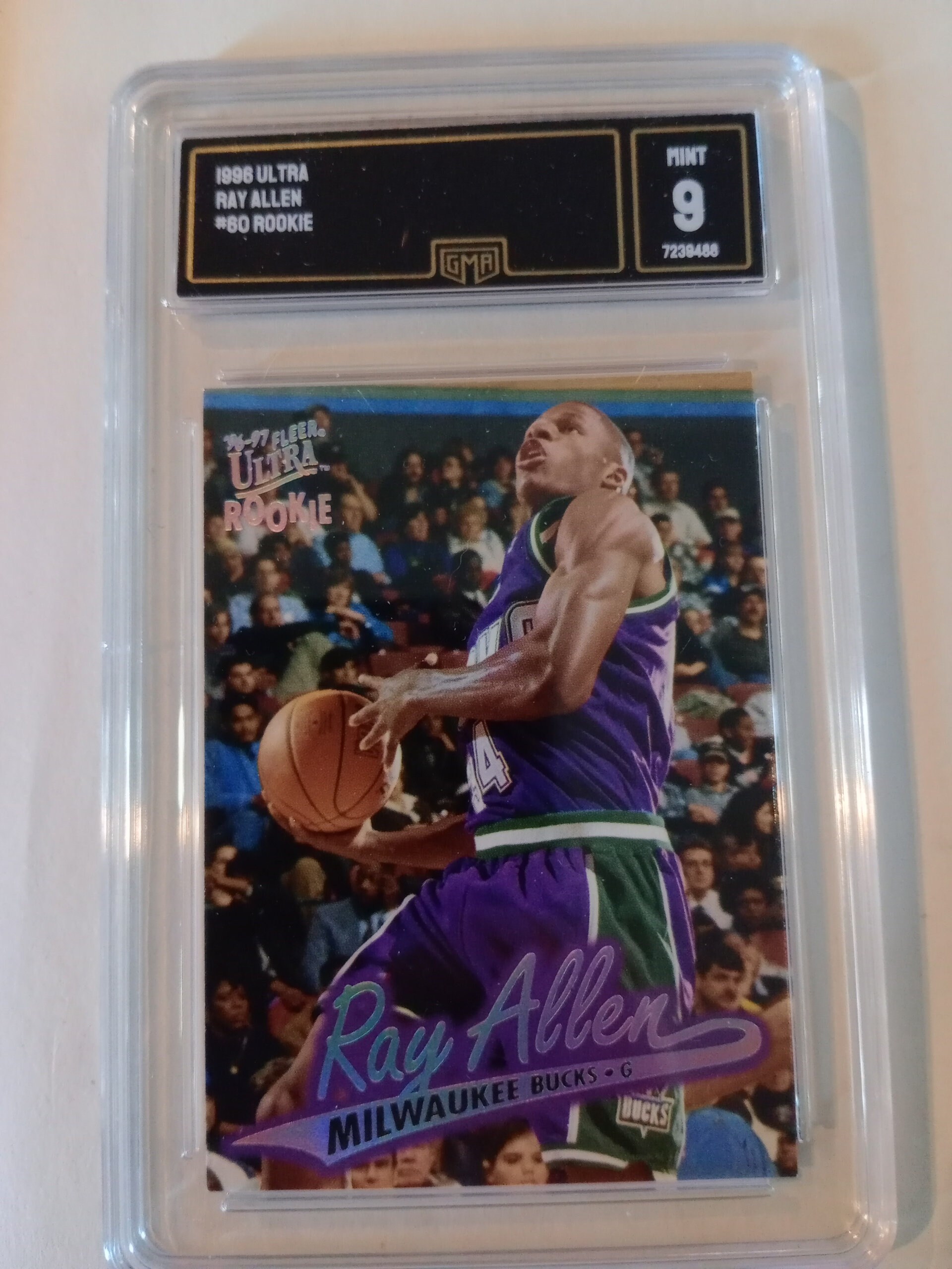 Ray Allen 1996 Fleer Ultra #60 Rookie Card - GMA 9 Mint Graded NBA Card, image size:1920x2560