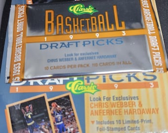 May include: A pack of 1993 Classic Basketball Draft Picks trading cards featuring Chris Webber and Anfernee Hardaway. The pack includes 10 limited-print, foil-stamped cards and 10 cards per pack.