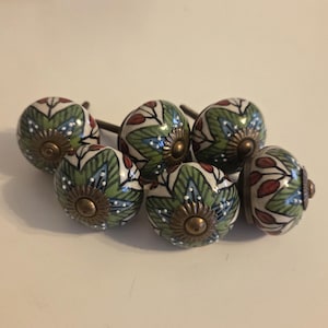 Può includere: Un set di cinque pomelli rotondi in ceramica per cassetti con un motivo botanico dipinto a mano di foglie verdi, bacche rosse e accenti blu su sfondo bianco. Ogni pomello presenta un tappo centrale in metallo color ottone e una vite.