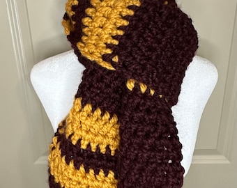 Handmade Crochet Fringe Scarf: Burgundy & Gold Wool Blend (65 Inch)