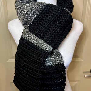 Handmade | Crochet | Block Color Scarf | Black | Grey | 100% Acrylic | 80 Inch | Machine Washable