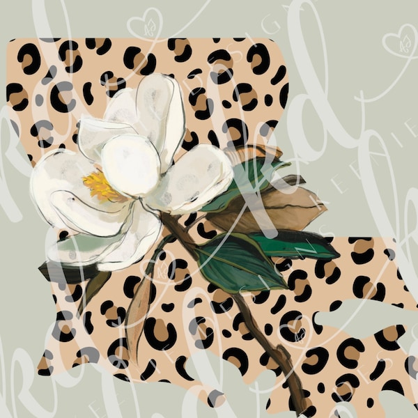 Louisiana shaped State Flower leopard print PNG; leopard print Louisiana State with Magnolia; Louisiana state flower with animal print PNG