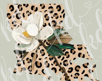 Louisiana shaped State Flower leopard print PNG; leopard print Louisiana State with Magnolia; Louisiana state flower with animal print PNG