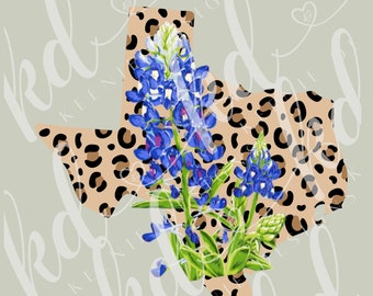Texas shaped State Flower leopard print PNG; leopard print Texas State with Bluebonnet; Texas state flower with animal print PNG