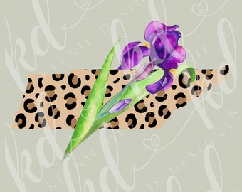 Tennessee shaped State Flower leopard print PNG; leopard print Tennessee state with Iris; Tennessee state flower animal print PNG