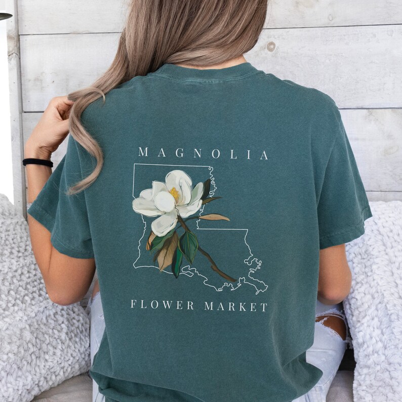 Louisiana State Flower comfort colors shirt; Magnolia flower tshirt; Louisiana State shirt; Louisiana outline shirt Blue Spruce