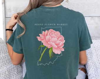 インディアナ州の花の快適な色のシャツ、牡丹の花の T シャツ、インディアナ州のシャツ、インディアナのアウトライン シャツ