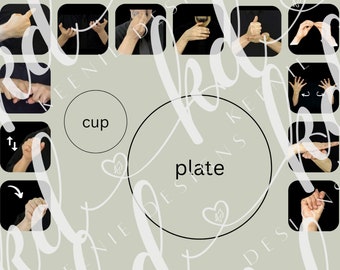 May include: A set of images showing American Sign Language signs for the words "cup" and "plate". The signs are performed by a person with their hands in front of a black background.