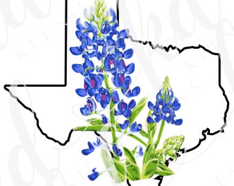 May include: A black outline of the state of Texas with a cluster of bluebonnet flowers in the center.