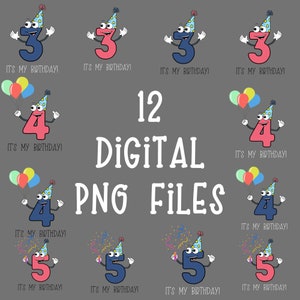 Bundle of 12 Birthday PNG files, kids third fourth and fifth birthday png, digital download PNG birthday file bundle