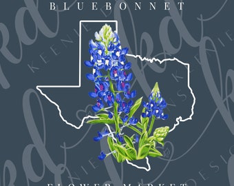 May include: Bluebonnet flowers in a white outline of the state of Texas. The text "BLUEBONNET FLOWER MARKET" is below the image.