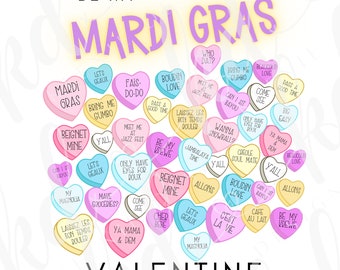 Mardi Gras San Valentín Conversación Corazón PNG; corazones con refranes de Luisiana; día de San Valentín Png; Sé mi San Valentín de Mardi Gras png