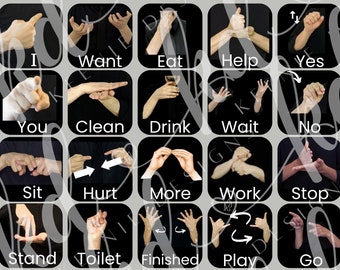 May include: A grid of black and white images showing hand gestures for American Sign Language. Each image has a word caption, including "I", "Want", "Eat", "Help", "Yes", "You", "Clean", "Drink", "Wait", "No", "Sit", "Hurt", "More", "Work", "Stop", "Stand", "Toilet", "Finished", "Play", and "Go".