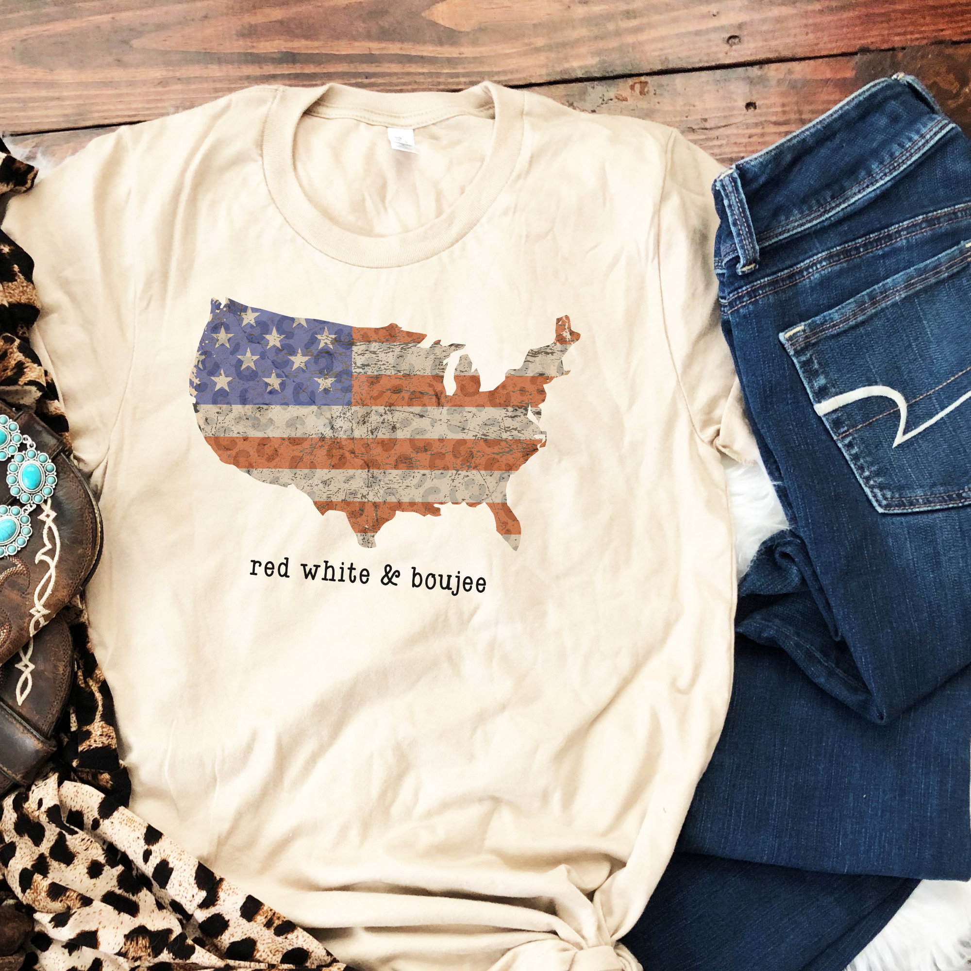 LORSU Women's 'Red White And Boujee' Patriotic T-Shirt - Distressed American Flag Print, 4th Of July Tee (White, M)