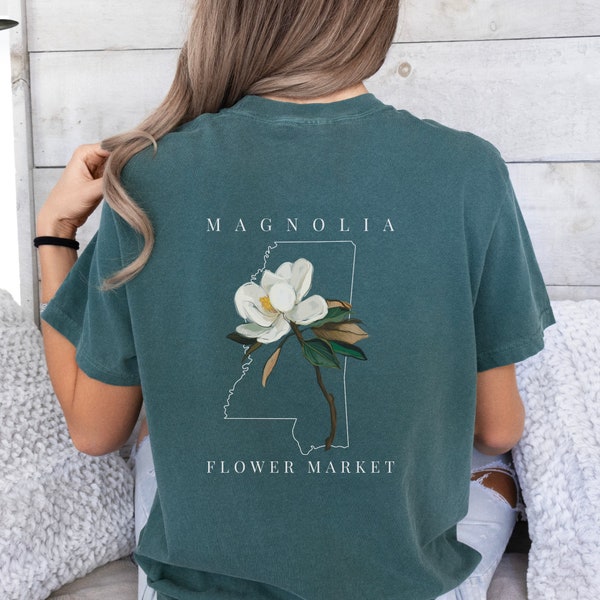 Mississippi State Flower comfort colors shirt; Magnolia flower tshirt; Mississippi State shirt; Mississippi outline shirt