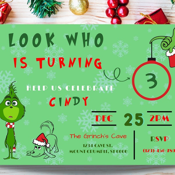 Grinch Birthday Invitation|DIGITAL & Printable| Look Who is turning Grinch invitation|Holiday birthday|Christmas birthday| winter birthday