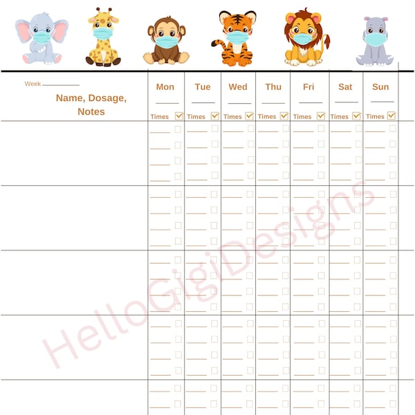 Childs Medication Chart, Cute Animals Medication Chart, Childs Medication Tracker, Medication Log, Cute Medication Tracker For Children