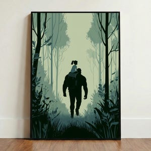 Minimalistische vader-dochterposter • Bosprint • Schouderrit muurkunst • Emotioneel vaderdagcadeau • Saliegroen decor