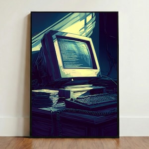 Póster retro para PC de escritorio • Lámina artística de monitor CRT de los 90 • Letrero con plano de computadora vintage • Decoración para espacio de trabajo cyberpunk • Regalo para geeks de la informática