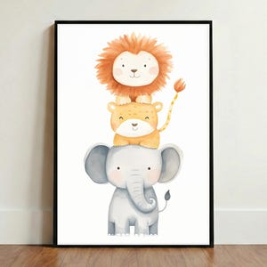 Safari Nursery Wall Art, Watercolor Animal Stack Print, Gender Neutral Baby Room Decor, Jungle Theme Kids Poster, Elephant Lion Cheetah Art